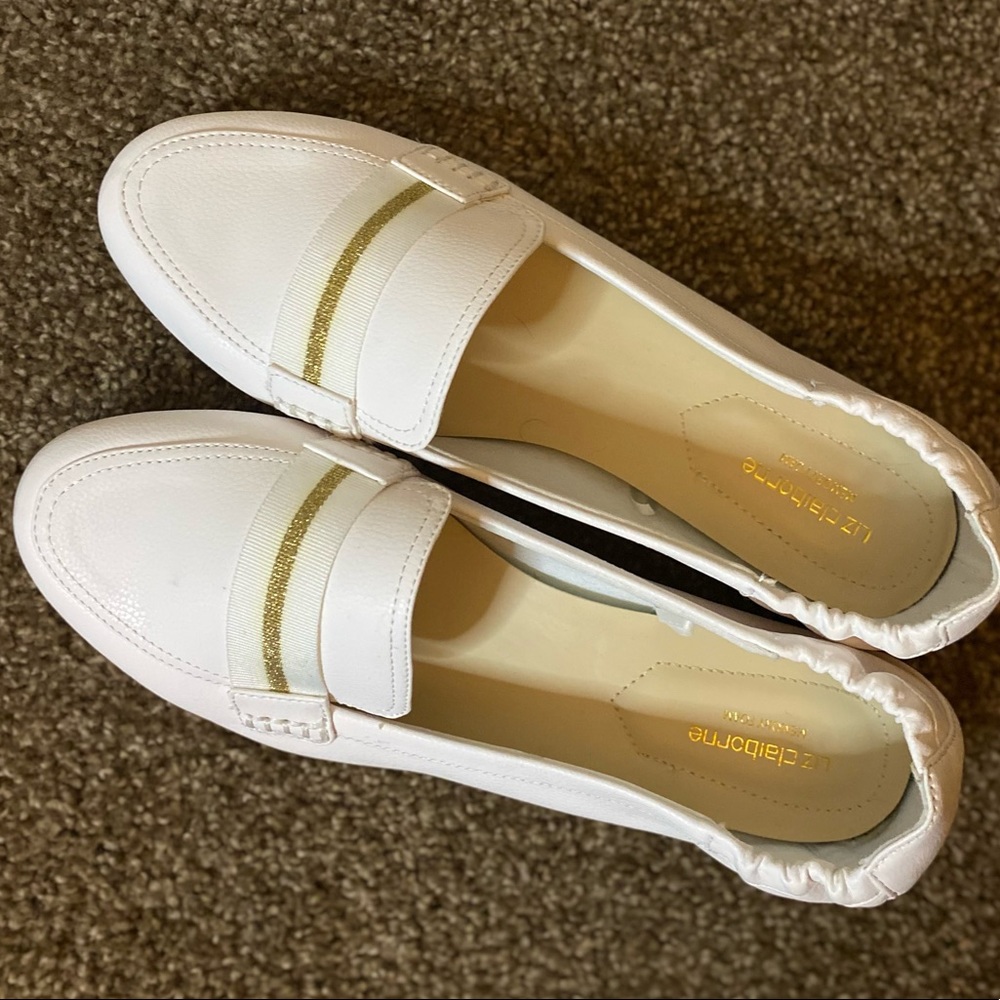 Liz Claiborne white stretch back flats with memory foam sole.